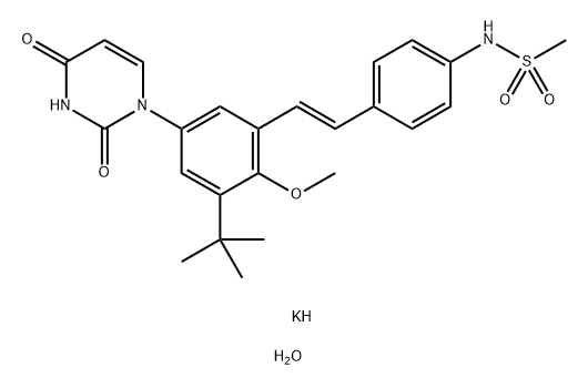 Methanesulfonamide, N-[4-[(1E)-2-[5-(3,4-dihydro-2,4-dioxo-1(2H)-pyrimidinyl)-3-(1,1-dimethylethyl)-2-methoxyphenyl]ethenyl]phenyl]-, potassium salt, hydrate (1:1:3) Structure