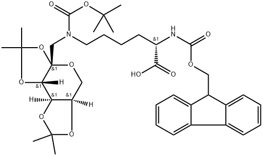 β-D-Fructopyranose, 1-deoxy-1-[[(1,1-dimethylethoxy)carbonyl][(5S)-5-[[(9H-fluoren-9-ylmethoxy)carbonyl]amino]-6-hydroxy-6-oxohexyl]amino]-2,3:4,5-bis-O-(1-methylethylidene)- Structure