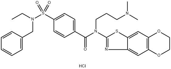 4-[benzyl(ethyl)sulfamoyl]-N-(6,7-dihydro-[1,4]dioxino[2,3-f][1,3]benzothiazol-2-yl)-N-[3-(dimethylamino)propyl]benzamide:hydron:chloride 구조식 이미지