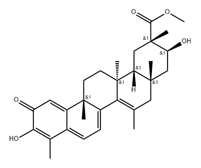 24,25,26,27-Tetranoroleana-1(10),3,5,7,14-pentaen-29-oic acid, 3,21-dihydroxy-9,13,15-trimethyl-2-oxo-, methyl ester, (9β,13α,20α,21β)- Structure