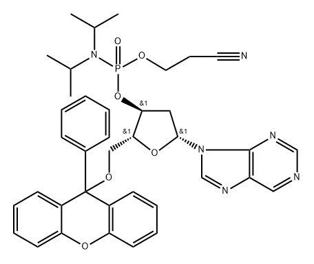 3'-O-((N,N-diisopropylamino)(2-cyanoethoxy)phosphinyl)-5'-O-(9-phenylxanthen-9-yl)-2'-deoxynebularine Structure