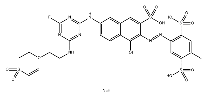 1,4-Benzenedisulfonic acid, 2-6-4-2-2-(ethenylsulfonyl)ethoxyethylamino-6-fluoro-1,3,5-triazin-2-ylamino-1-hydroxy-3-sulfo-2-naphthalenylazo-5-methyl-, trisodium salt Structure