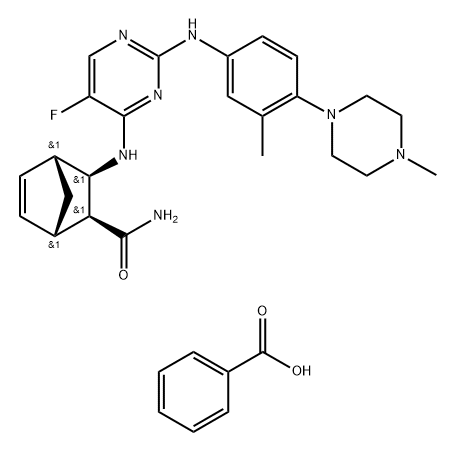 Bicyclo[2.2.1]hept-5-ene-2-carboxamide, 3-[[5-fluoro-2-[[3-methyl-4-(4-methyl-1-piperazinyl)phenyl]amino]-4-pyrimidinyl]amino]-, (1S,2S,3R,4R)-, benzoate (1:1) Structure