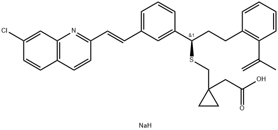 Cyclopropaneacetic acid, 1-[[[(1R)-1-[3-[(1E)-2-(7-chloro-2-quinolinyl)ethenyl]phenyl]-3-[2-(1-methylethenyl)phenyl]propyl]thio]methyl]-, sodium salt (1:1) Structure