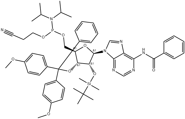 Adenosine, N-benzoyl-3'-O-[bis(4-methoxyphenyl)phenylmethyl]-2'-O-[(1,1-dimethylethyl)dimethylsilyl]-, 5'-[2-cyanoethyl N,N-bis(1-methylethyl)phosphoramidite] Structure