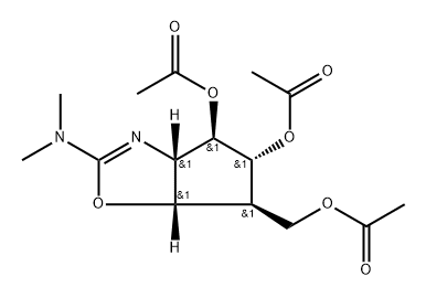 4H-Cyclopentoxazole-4,5-diol, 6-(acetyloxy)methyl-2-(dimethylamino)-3a,5,6,6a-tetrahydro-, diacetate (ester), (3aS,4R,5R,6S,6aS)- Structure