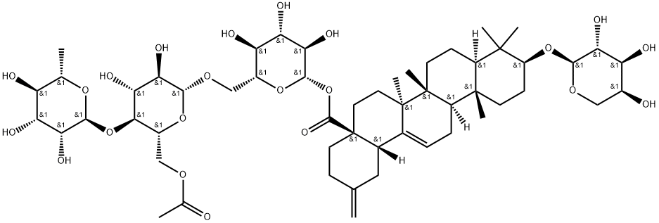 30-Noroleana-12,20(29)-dien-28-oic acid, 3-(α-L-arabinopyranosyloxy)-, O-6-deoxy-α-L-mannopyranosyl-(1→4)-O-6-O-acetyl-β-D-glucopyranosyl-(1→6)-β-D-glucopyranosyl ester, (3β)- Structure