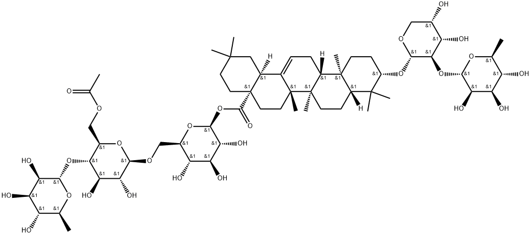 Olean-12-en-28-oic acid, 3-[[2-O-(6-deoxy-α-L-mannopyranosyl)-α-L-arabinopyranosyl]oxy]-, O-6-deoxy-α-L-mannopyranosyl-(1→4)-O-6-O-acetyl-β-D-glucopyranosyl-(1→6)-β-D-glucopyranosyl ester, (3β)- 구조식 이미지