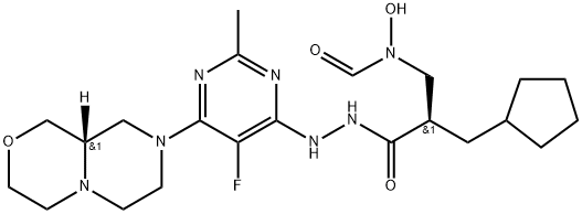 Cyclopentanepropanoic acid, α-[(forMylhydroxyaMino)Methyl]-, 2-[5-fluoro-6-[(9aS)-hexahydropyrazino[2,1-c][1,4]oxazin-8(1H)-yl]-2-Methyl-4-pyriMidinyl]hydrazide, (αR)- 구조식 이미지