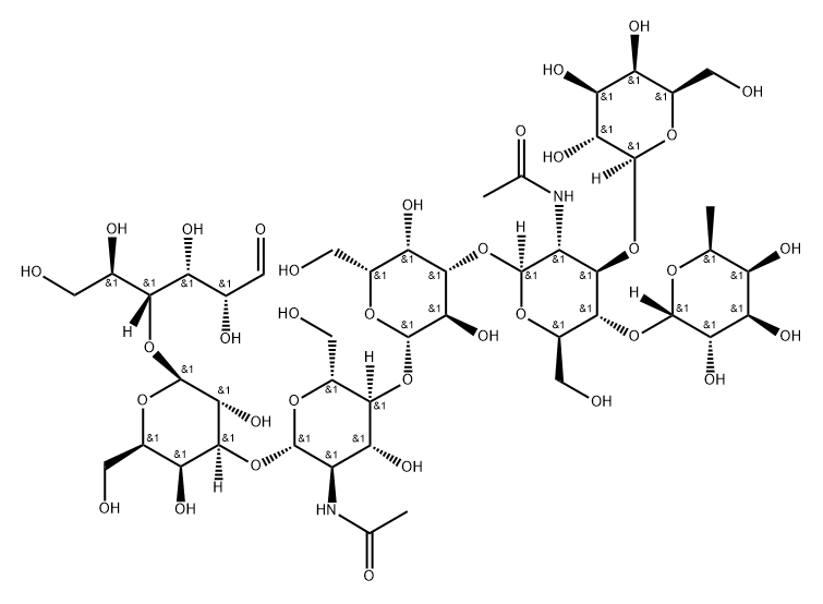 O-6-Deoxy-alpha-L-galactopyranosyl-(1-4)-O-[beta-D-galactopyranosyl-(1-3)]-O-2-(acetylamino)-2-deoxy-beta-D-glucopyranosyl-(1-3)-O-beta-D-galactopyranosyl-(1-4)-O-2-(acetylamino)-2-deoxy-beta-D-glucopyranosyl-(1-3)-O-beta-D-galactopyranosyl-(1-4)-D-glucose 구조식 이미지
