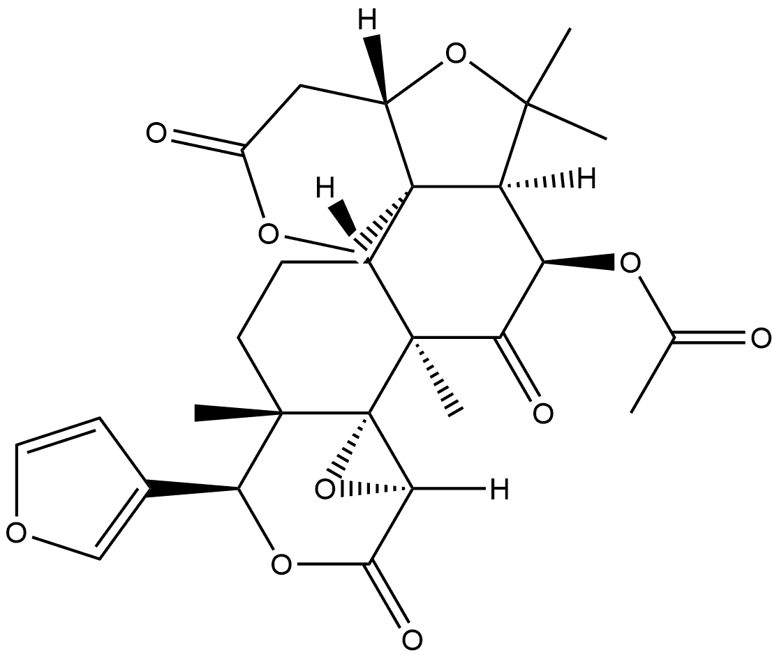 11H,13H-Oxireno[d]pyrano[4',3':3,3a]isobenzofuro[5,4-f][2]benzopyran-4,6,13(2H,5aH)-trione, 3-(acetyloxy)-8-(3-furanyl)decahydro-2,2,4a,8a-tetramethyl-, [2aR-(2aα,3β,4aα,4bR*,5aβ,8β,8aβ,10aβ,10bR*,14aβ)]- (9CI) 구조식 이미지