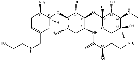 D-Streptamine, O-2-amino-2,3,4,6-tetradeoxy-6-[(2-hydroxyethyl)amino]-α-D-glycero-hex-4-enopyranosyl-(1→4)-O-[3-deoxy-4-C-methyl-3-(methylamino)-β-L-arabinopyranosyl-(1→6)]-N1-[(2R)-4-amino-2-hydroxy-1-oxobutyl]-2-deoxy- 구조식 이미지