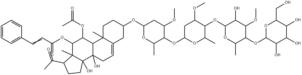 Pregn-5-en-20-one, 11-(acetyloxy)-3-[(O-β-D-glucopyranosyl-(1→4)-O-6-deoxy-3-O-methyl-β-D-allopyranosyl-(1→4)-O-2,6-dideoxy-3-O-methyl-β-D-arabino-hexopyranosyl-(1→4)-O-2,6-dideoxy-3-O-methyl-β-D-ribo-hexopyranosyl)oxy]-8,14-dihydroxy-12-[(1-oxo-3-phenyl-2-propenyl)oxy]-, (3β,11α,12β,14β)- (9CI) Structure