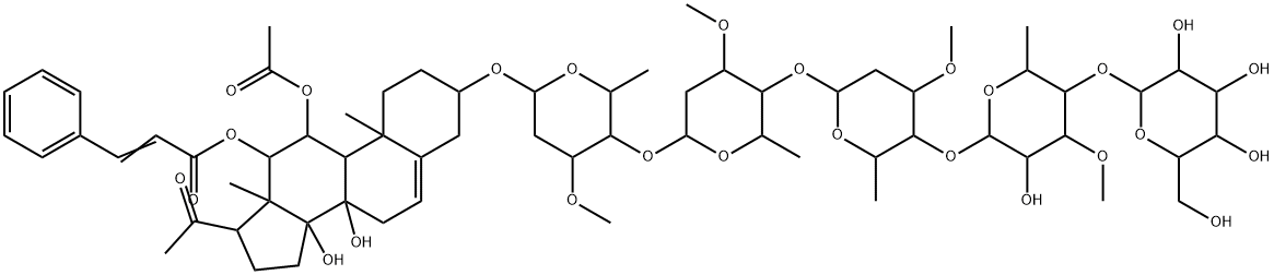 Pregn-5-en-20-one, 11-(acetyloxy)-3-[(O-β-D-glucopyranosyl-(1→4)-O-6-deoxy-3-O-methyl-β-D-allopyranosyl-(1→4)-O-2,6-dideoxy-3-O-methyl-β-D-arabino-hexopyranosyl-(1→4)-O-2,6-dideoxy-3-O-methyl-β-D-ribo-hexopyranosyl-(1→4)-2,6-dideoxy-3-O-methyl-β-D-ribo-hexopyranosyl)oxy]-8,14-dihydroxy-12-[(1-oxo-3-phenyl-2-propenyl)oxy]-, (3β,11α,12β,14β)- Structure