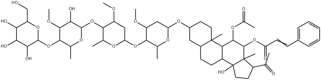 Pregnan-20-one, 11-(acetyloxy)-3-[(O-β-D-glucopyranosyl-(1→4)-O-6-deoxy-3-O-methyl-β-D-allopyranosyl-(1→4)-O-2,6-dideoxy-3-O-methyl-β-D-arabino-hexopyranosyl-(1→4)-2,6-dideoxy-3-O-methyl-β-D-ribo-hexopyranosyl)oxy]-14-hydroxy-12-[(1-oxo-3-phenyl-2-propen-1-yl)oxy]-, (3β,5α,11α,12β,14β)- 구조식 이미지