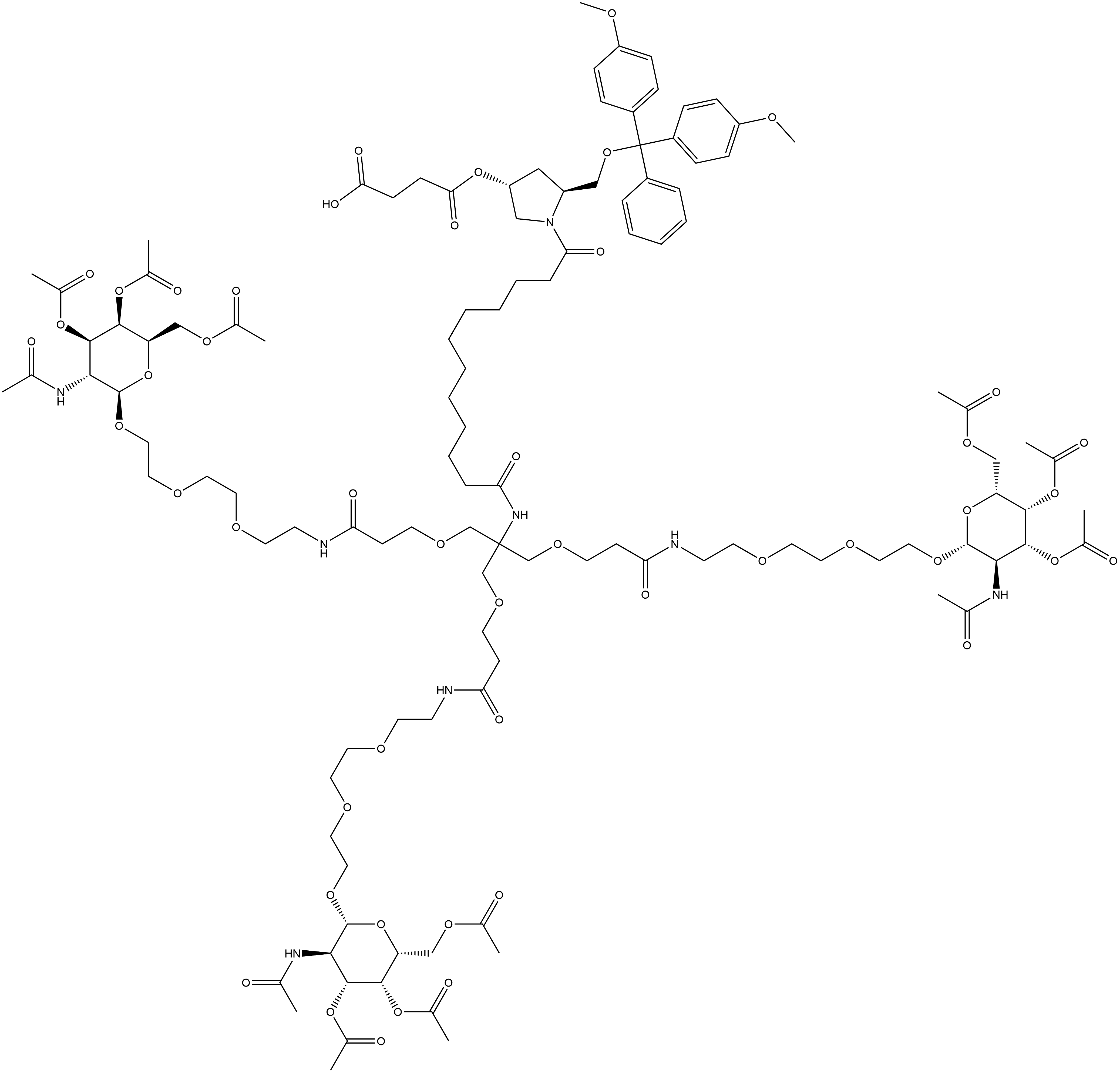 1-[(3R,5S)-5-[[Bis(4-methoxyphenyl)phenylmethoxy]methyl]-1-[1,12,19-trioxo-14,14-bis[5-oxo-14-[[3,4,6-tri-O-acetyl-2-(acetylamino)-2-deoxy-β-D-galactopyranosyl]oxy]-2,9,12-trioxa-6-azatetradec-1-yl]-28-[[3,4,6-tri-O-acetyl-2-(acetylamino)-2-deoxy-β-D-galactopyranosyl]oxy]-16,23,26-trioxa-13,20-diazaoctacos-1-yl]-3-pyrrolidinyl] butanedioate Structure