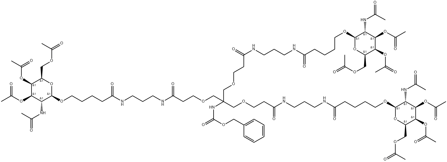 5-Oxa-2,9,13-triazaoctadecanoic acid, 8,14-dioxo-3,3-bis[[3-oxo-3-[[3-[[1-oxo-5-[[3,4,6-tri-O-acetyl-2-(acetylamino)-2-deoxy-β-D-galactopyranosyl]oxy]pentyl]amino]propyl]amino]propoxy]methyl]-18-[[3,4,6-tri-O-acetyl-2-(acetylamino)-2-deoxy-β-D-galactopyranosyl]oxy]-, phenylmethyl ester Structure