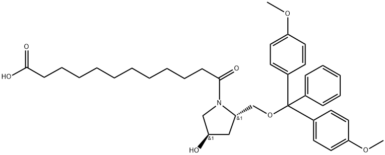 1-Pyrrolidinedodecanoic acid, 2-[[bis(4-methoxyphenyl)phenylmethoxy]methyl]-4-hydroxy-λ-oxo-, (2S,4R)- 구조식 이미지