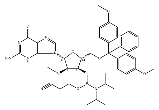 Guanosine, 5'-O-[bis(4-methoxyphenyl)phenylmethyl]-2'-O-methyl-, 3'-[2-cyanoethyl N,N-bis(1-methylethyl)phosphoramidite] Structure