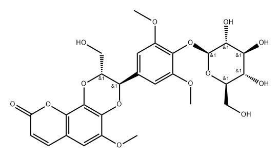 9H-Pyrano[2,3-f]-1,4-benzodioxin-9-one, 3-[4-(β-D-glucopyranosyloxy)-3,5-dimethoxyphenyl]-2,3-dihydro-2-(hydroxymethyl)-5-methoxy-, (2R,3R)- Structure