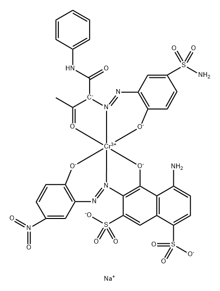 Chromate(3-), [4-amino-5-hydroxy-6-[(2- hydroxy-5-nitrophenyl)azo]-1,7-naphthalenedisulfonato (4-)][2-[[5-(aminosulfonyl)-2-hydroxyphenyl]az o]-3-oxo-N-phenylbutanamidato(2-)]-, trisodium 구조식 이미지