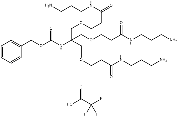 Carbamic acid, N-[2-[3-[(3-aminopropyl)amino]-3-oxopropoxy]-1,1-bis[[3-[(3-aminopropyl)amino]-3-oxopropoxy]methyl]ethyl]-, phenylmethyl ester, 2,2,2-trifluoroacetate (1:3) 구조식 이미지