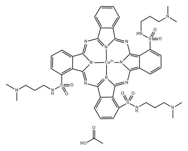 Copper, [N,N',N'-tris[3-(dimethylamino)propyl]-29H,31H-phthalocyanine-1,8,15-trisulfonamidato(2-)-.kappa.N29,.kappa.N30,.kappa.N31,.kappa.N32]-, (SP-4-2)-, triacetate Structure