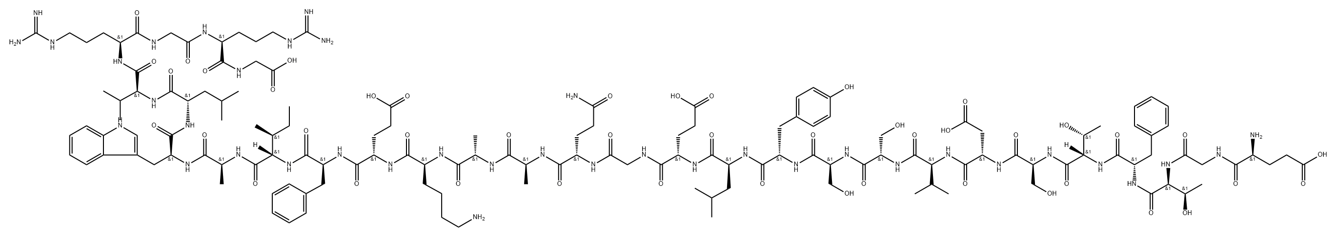 Glycine, L-α-glutamylglycyl-L-threonyl-L-phenylalanyl-L-threonyl-L-seryl-L-α-aspartyl-L-valyl-L-seryl-L-seryl-L-tyrosyl-L-leucyl-L-α-glutamylglycyl-L-glutaminyl-L-alanyl-L-alanyl-L-lysyl-L-α-glutamyl-L-phenylalanyl-L-isoleucyl-L-alanyl-L-tryptophyl-L-leucyl-L-valyl-L-arginylglycyl-L-arginyl- 구조식 이미지