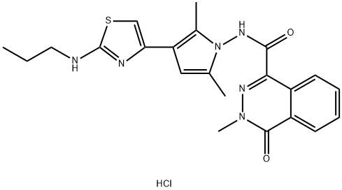 N-(2,5-dimethyl-3-(2-(propylamino-)thiazole-4-yl)-1H-pyrrole-1-yl)-3-methyl-4-oxo-3,4-dihydrophthalazin-1-carboxylic acid amide HCl 구조식 이미지