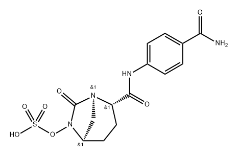 (2S,5R)-N-[4-(aminocarbonyl)phenyl]-7-oxo-6-(sulfooxy)-1,6-diazabicyclo[3.2.1]octane-2-carboxamide Structure