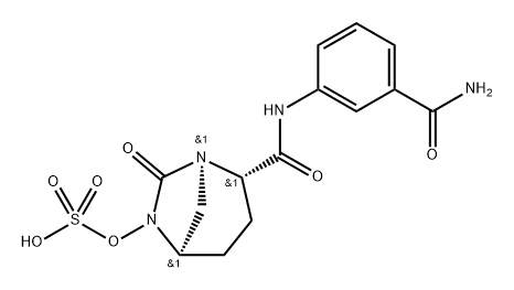 trans-N-[3-(aminocarbonyl)phenyl]-7-oxo-6-(sulphooxy)-1,6-diazabicyclo[3.2.1]octane-2-carboxamide Structure