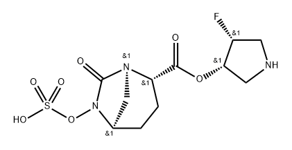 (3S,4R)-4-fluoropyrrolidin-3-yl (2S,5R)-7-oxo-6-(sulfooxy)-1,6-diazabicyclo[3.2.1]octane-2-carboxylate Structure