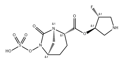 (3R,4R)-4-fluoropyrrolidin-3-yl (2S,5R)-7-oxo-6-(sulfooxy)-1,6-diazabicyclo[3.2.1]octane-2-carboxylate Structure