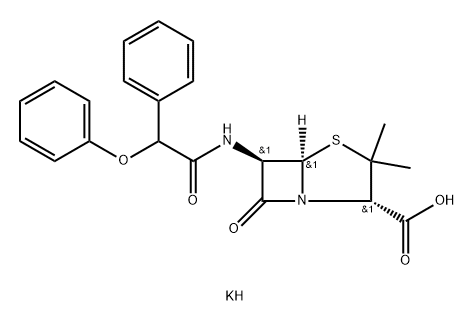 4-Thia-1-azabicyclo[3.2.0]heptane-2-carboxylicacid, 3,3-dimethyl-7-oxo-6-[(2-phenoxy-2-phenylacetyl)amino]-, potassium salt(1:1), (2S,5R,6R)- Structure