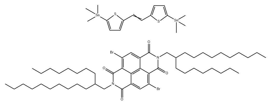 Benzo[lmn]?[3,?8]?phenanthroline-?1,?3,?6,?8(2H,?7H)?-?tetrone, 4,?9-?dibromo-?2,?7-?bis(2-?octyldodecyl)?-?, polymer with 1,?1'-?(1,?2-?ethenediyldi-?5,?2-?thiophenediyl)?bis[1,?1,?1-?trimethylstannane 구조식 이미지