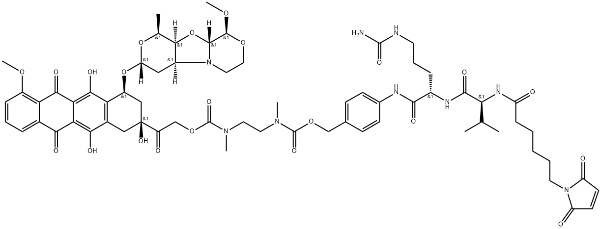 L-Ornithinamide, N-[6-(2,5-dihydro-2,5-dioxo-1H-pyrrol-1-yl)-1-oxohexyl]-L-valyl-N5-(aminocarbonyl)-N-[4-[11-[(2S,4S)-1,2,3,4,6,11-hexahydro-2,5,12-trihydroxy-7-methoxy-4-[[(1S,3R,4aS,9S,9aR,10aS)-octahydro-9-methoxy-1-methyl-1H-pyrano[4′,3′:4,5]oxazolo[2,3-c][1,4]oxazin-3-yl]oxy]-6,11-dioxo-2-naphthacenyl]-4,7-dimethyl-3,8,11-trioxo-2,9-dioxa-4,7-diazaundec-1-yl]phenyl]- Structure