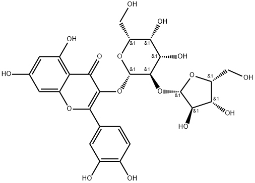 4H-1-Benzopyran-4-one, 2-(3,4-dihydroxyphenyl)-5,7-dihydroxy-3-[(2-O-β-D-xylofuranosyl-β-D-galactopyranosyl)oxy]- 구조식 이미지