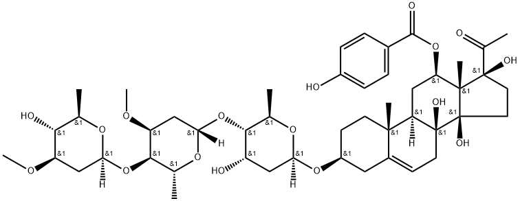Qingyangshengenin 3-O-β-D-oleandropyranosyl-(1→4)-β-D-cymaropyranosyl-(1→4)-β-D-digitoxopyranoside 구조식 이미지