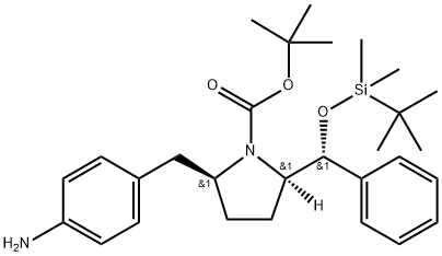 1-Pyrrolidinecarboxylic acid, 2-[(4-aminophenyl)methyl]-5-[(R)-[[(1,1-dimethylethyl)dimethylsilyl]oxy]phenylmethyl]-, 1,1-dimethylethyl ester, (2S,5R)- Structure