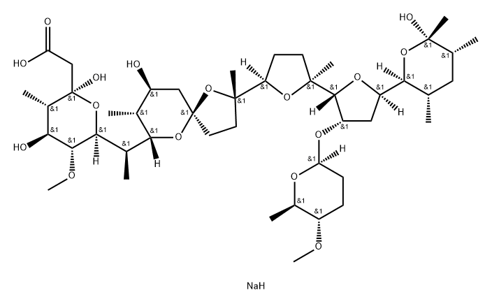 2H-Pyran-2-acetic acid, tetrahydro-2,4-dihydroxy-6-(1R)-1-(2S,5R,7S,8R,9S)-9-hydroxy-2,8-dimethyl-2-(2S,2R,3S,5R,5R)-octahydro-2-methyl-5-(2S,3S,5R,6S)-tetrahydro-6-hydroxy-3,5,6-trimethyl-2H-pyran-2-yl-3-(2S,5S,6R)-tetrahydro-5-methoxy-6-methyl-2H-pyran- 구조식 이미지