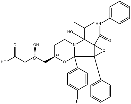 3H-Oxireno[3,4]pyrrolo[2,1-b][1,3]oxazine-3-butanoic acid, 1b-(4-fluorophenyl)hexahydro-β,7-dihydroxy-7-(1-methylethyl)-1a-phenyl-7a-[(phenylamino)carbonyl]-, (βR,3R)- Structure