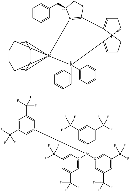 1,5-Cyclooctadiene{(4S)-(-)-2-[(5R)-6-(diphenylphosphino)spiro[4.4]nona-1.6-dien-1-yl]-4,5-dihydro-4-benzyloxazole}iridiuM(I) tetrakis[3,5-bis(trifluoroMethyl)phenyl]borate, 97%  (R.S)-(COD)Ir[Bn-Spin 구조식 이미지