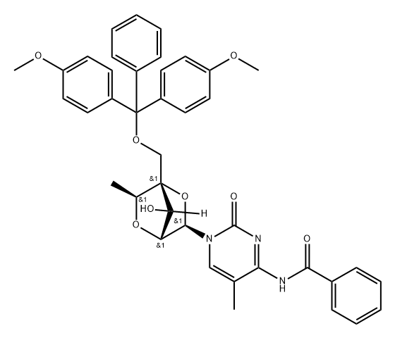 Benzamide, N-[1-[2,5-anhydro-4-C-[[bis(4-methoxyphenyl)phenylmethoxy]methyl]-6-deoxy-α-L-mannofuranosyl]-1,2-dihydro-5-methyl-2-oxo-4-pyrimidinyl]- Structure