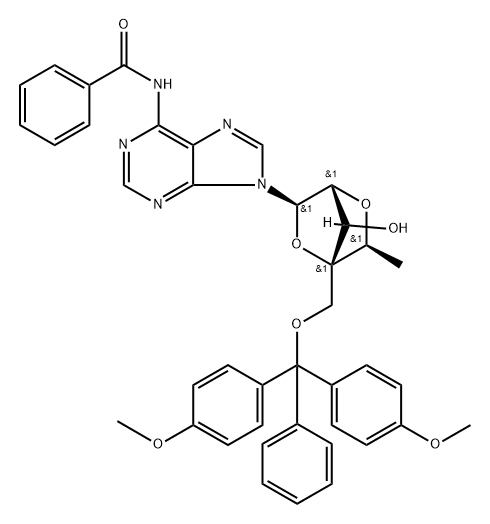 Benzamide, N-[9-[2,5-anhydro-4-C-[[bis(4-methoxyphenyl)phenylmethoxy]methyl]-6-deoxy-α-L-mannofuranosyl]-9H-purin-6-yl]- 구조식 이미지