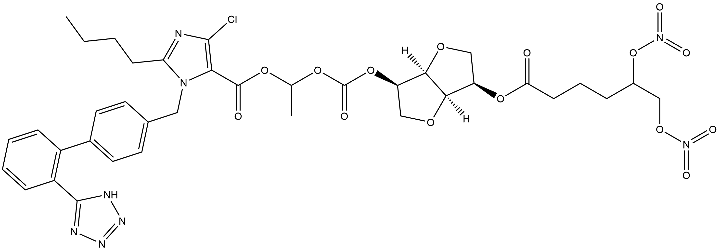 D-Mannitol, 1,4:3,6-dianhydro-, 2-[5,6-bis(nitrooxy)hexanoate] 5-[1-[[[2-butyl-4-chloro-1-[[2'-(2H-tetrazol-5-yl)[1,1'-biphenyl]-4-yl]methyl]-1H-imidazol-5-yl]carbonyl]oxy]ethyl carbonate] Structure