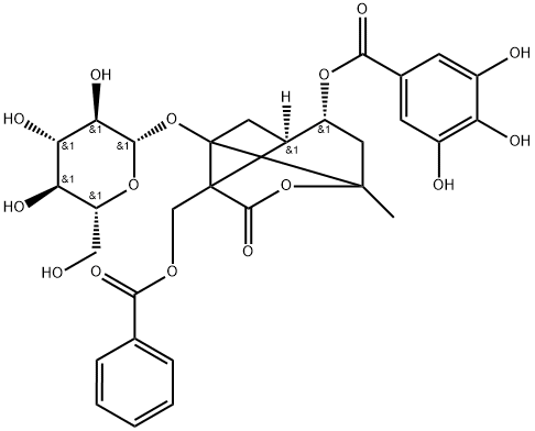 Benzoic acid, 3,4,5-trihydroxy-, (1R,3R,4R,6S,9S)-9-[(benzoyloxy)methyl]-1-(β-D-glucopyranosyloxy)-6-methyl-8-oxo-7-oxatricyclo[4.3.0.03,9]non-4-yl ester Structure