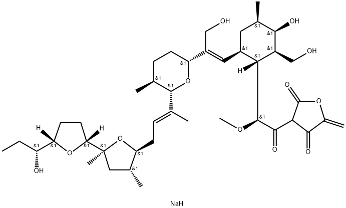 3-[(2S)-2-[(1R,2R,3R,4R,6S)-3-hydroxy-6-[(E)-3-hydroxy-2-[(2R,5S,6S)-6 -[(E)-4-[(2S,3R,5S)-5-[(2R,5S)-5-[(1R)-1-hydroxypropyl]oxolan-2-yl]-3, 5-dimethyl-oxolan-2-yl]but-2-en-2-yl]-5-methyl-oxan-2-yl]prop-1-enyl]- 2-(hydroxymethyl)-4-methyl-cyclohexyl]-2-methoxy-acetyl]-5-methylidene -oxolane-2,4-dione, sodium Structure