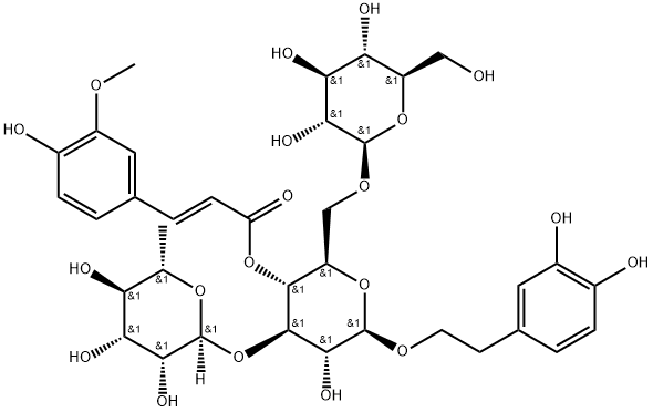 2-(3,4-Dihydroxyphenyl)ethyl O-6-deoxy-alpha-L-mannopyranosyl-(1-3)-O-[beta-D-glucopyranosyl-(1-6)]-beta-D-glucopyranoside 4-[(2E)-3-(4-hydroxy-3-methoxyphenyl)-2-propenoate] Structure