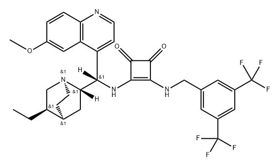 3-[[[3,5-bis(trifluoromethyl)phenyl]methyl]amino]-4-[[(8α,9S)-10,11-dihydro-6'-methoxycinchonan-9-yl]amino]-3-Cyclobutene-1,2-dione Structure