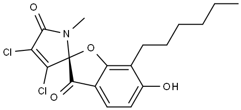 Spiro[benzofuran-2(3H),2'-[2H]pyrrole]-3,5'(1'H)-dione, 3',4'-dichloro-7-hexyl-6-hydroxy-1'-methyl-, (2R)- Structure